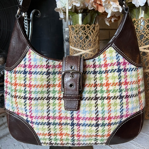 Coach Hampton Tattersall Plaid Wool Leather Hobo Shoulder Bag F12631 - Picture 1 of 12